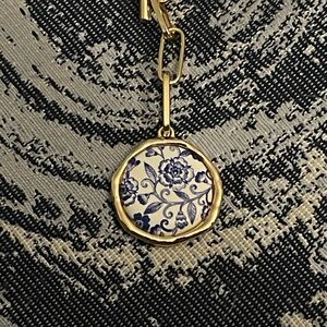 ONE LEFT - Blue Floral Pendant on a gold tone paper clip chain